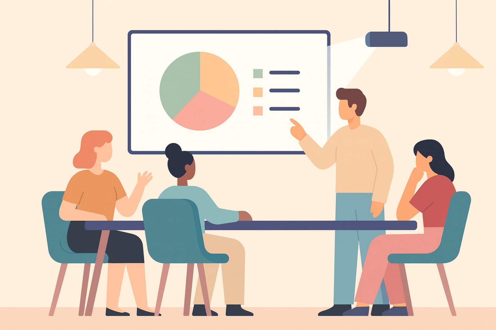 Flat illustration of a team meeting: presenter points at a pie chart while colleagues sit around a conference table.