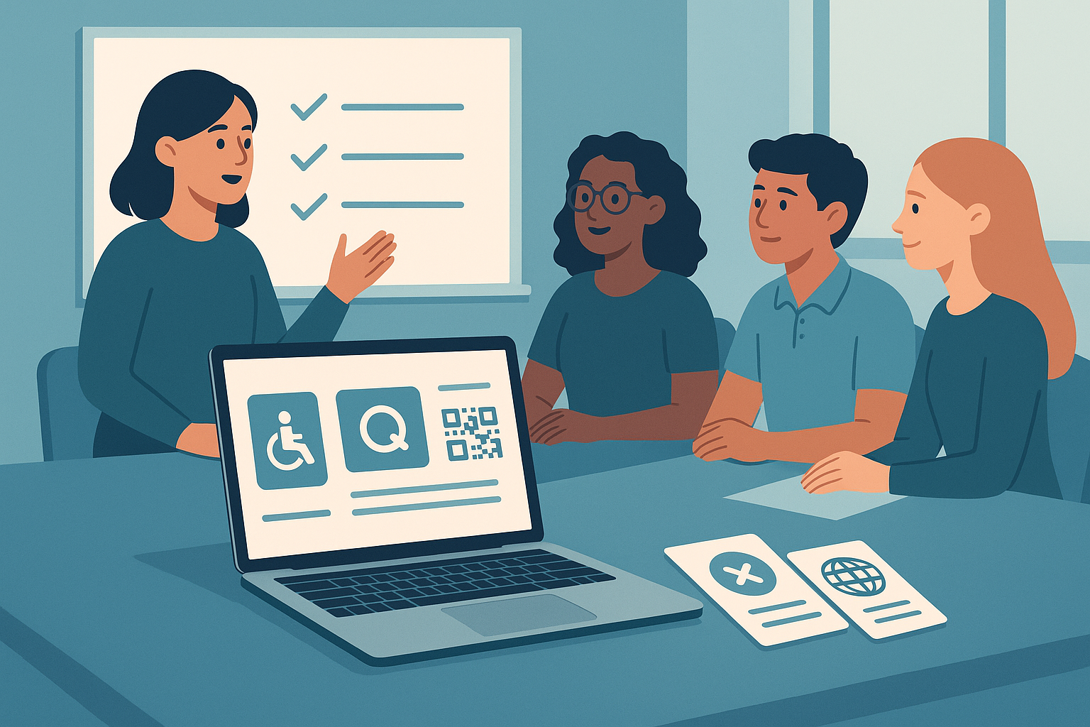 Four college students presenting together; lead speaker points to a bar chart while teammates manage laptop, notes, and hand-offs.