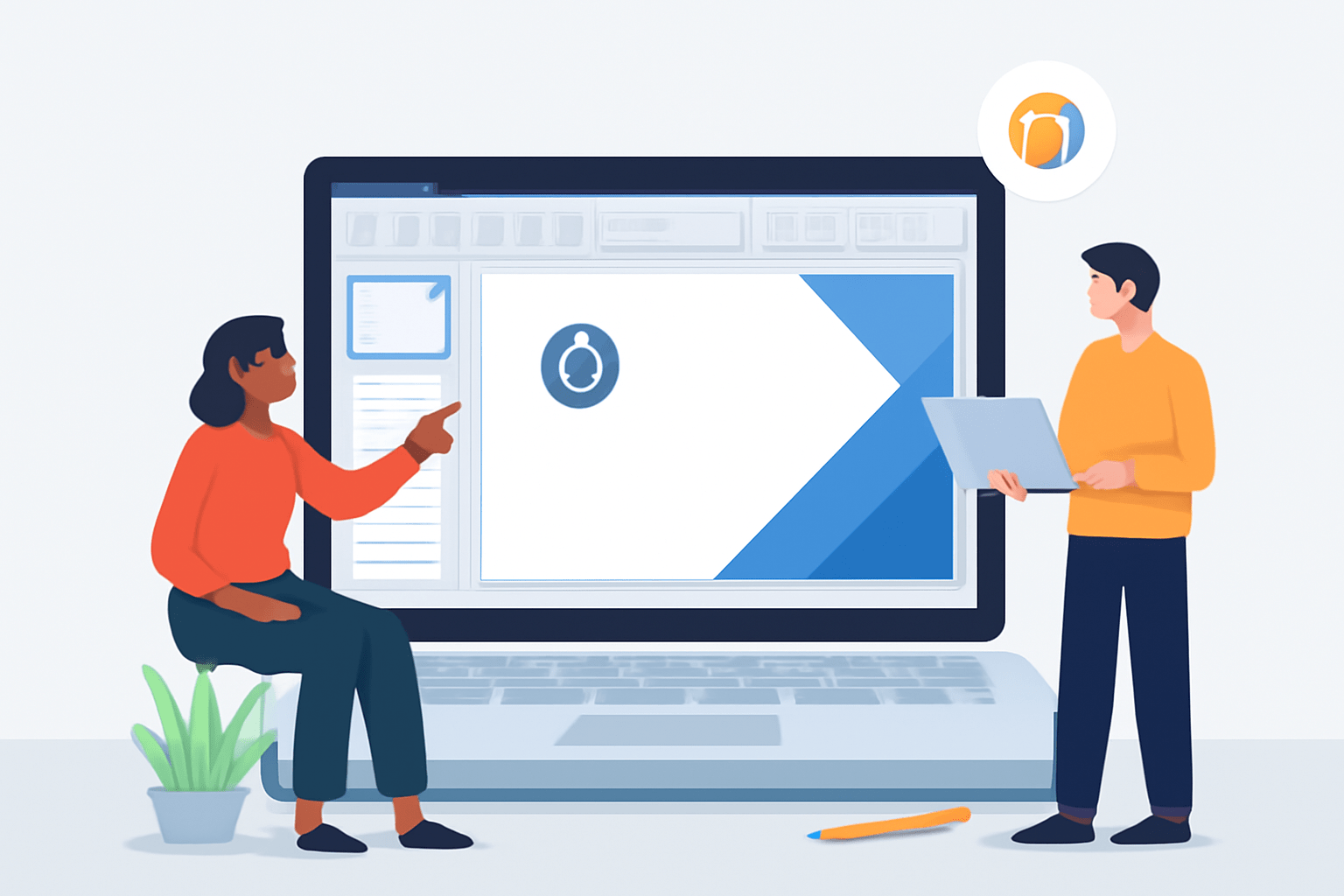 A digital illustration of two professionals collaborating on creating a PowerPoint template on a laptop, with one pointing at the screen and the other holding a laptop. The scene includes a potted plant and design elements on the screen, such as a company logo.